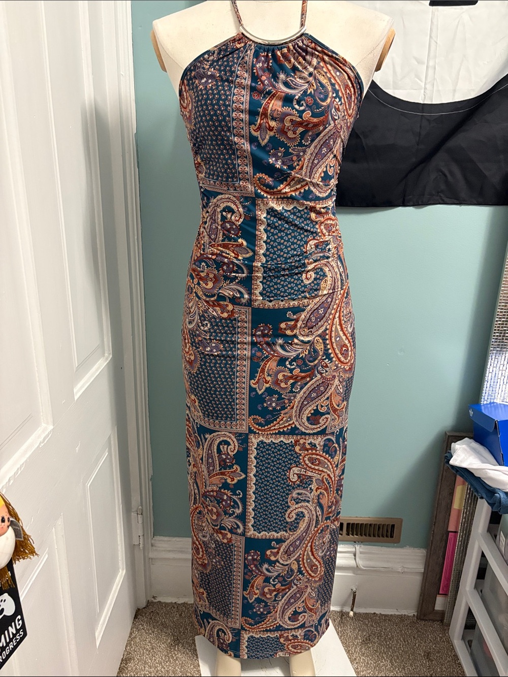Teal Paisley Halter Maxi Dress